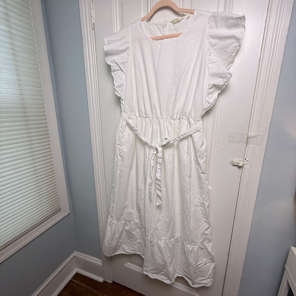 Me by Jennie Garth White Cotton Ruffle Sleeve Womens Large Midi Dress Tie Waist